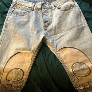 Men's Distressed Patchwork Jeans - Gray and Tan